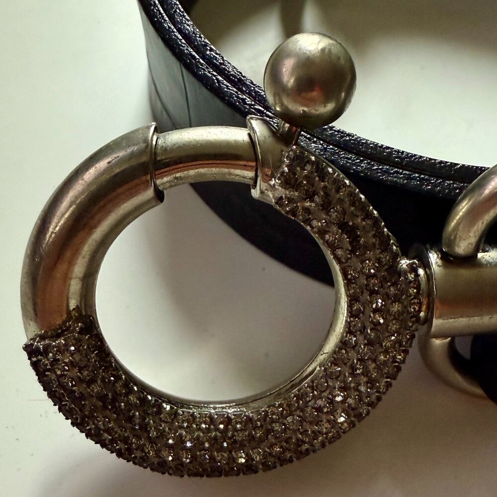 Black Leather Belt with Silver Hardware and Diamond-Studded Buckle (Size 85/34)